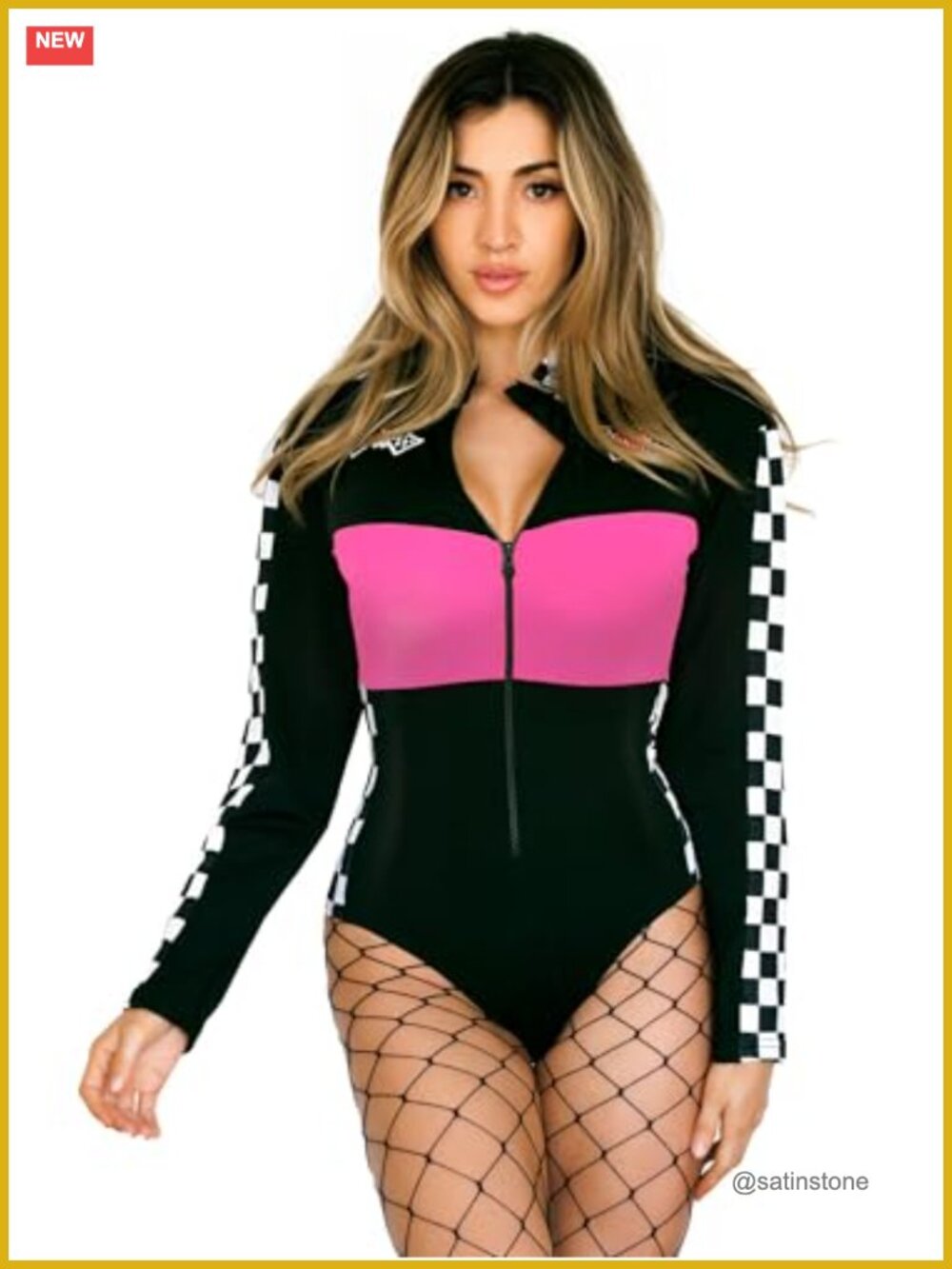 Women's Racer Bodysuit Costume with Fishnet Pantyhose